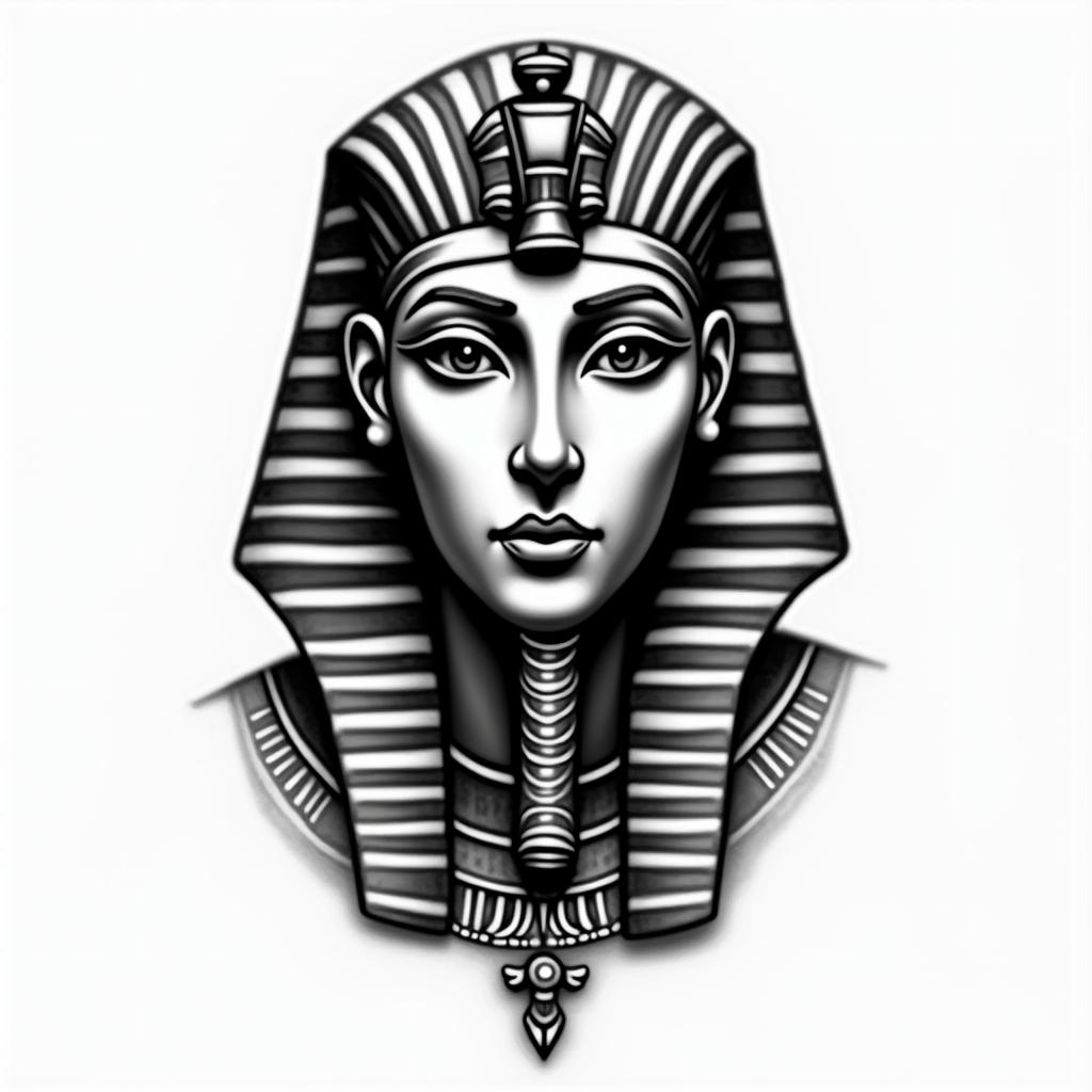 Betrayalin egyptian style tattoo, bold elements of ancient egyptian culture including a portrait of an Egyptian pharaoh with detailed facial features, in hieroglyphs and symbolic imagery, eye of horus, ankh symbol, scarab beetle