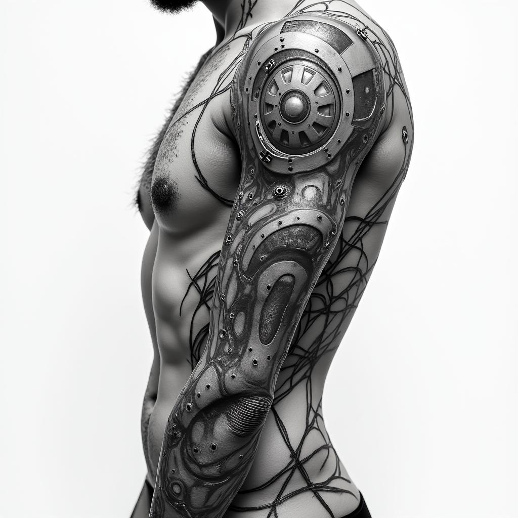 Make a bionic tattoo for my side rib areatattoo in biomechanic style, the tattoo covered by robotic elements of futuristic cyberpunk design, robotic features detail, showcasing intricate mechanical components - Variation 7