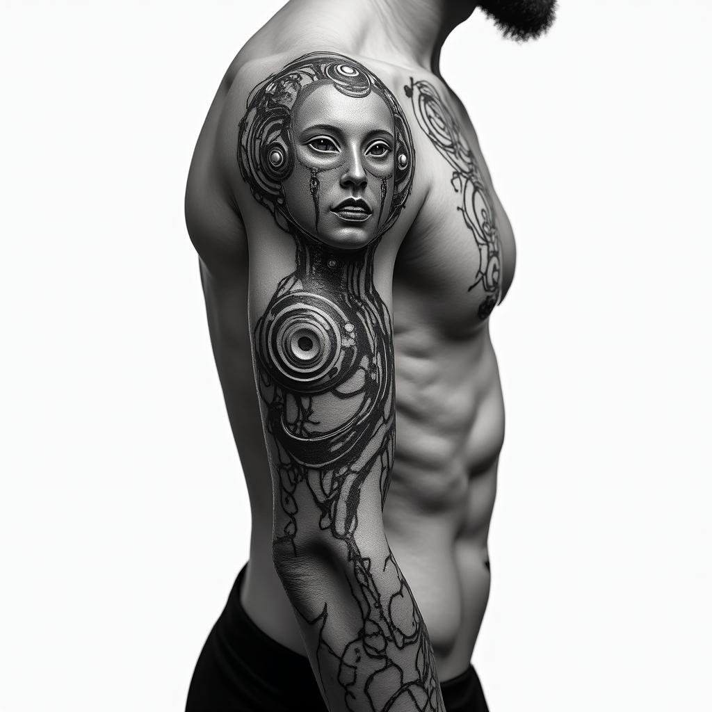 Make a bionic tattoo for my side rib areatattoo in biomechanic style, the tattoo covered by robotic elements of futuristic cyberpunk design, robotic features detail, showcasing intricate mechanical components - Variation 2