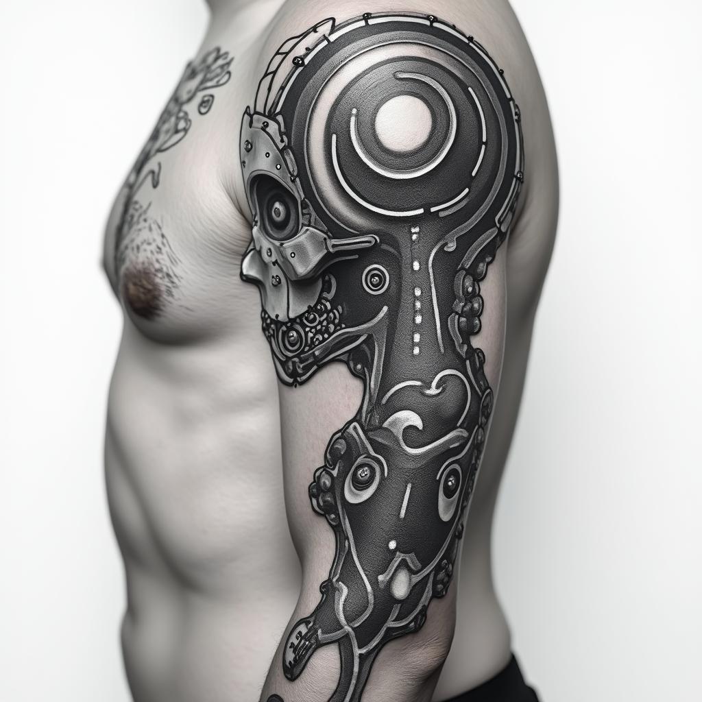 Make a bionic tattoo for my side rib areatattoo in biomechanic style, the tattoo covered by robotic elements of futuristic cyberpunk design, robotic features detail, showcasing intricate mechanical components - Variation 5