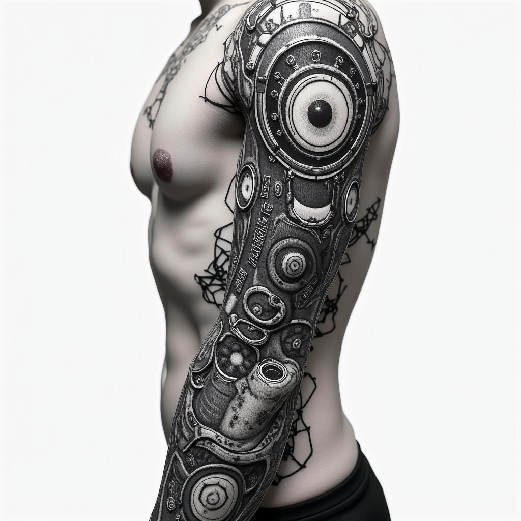 Make a bionic tattoo for my side rib areatattoo in biomechanic style, the tattoo covered by robotic elements of futuristic cyberpunk design, robotic features detail, showcasing intricate mechanical components - Variation 4