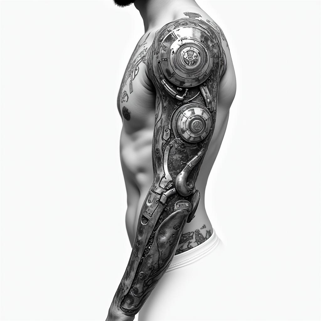 Make a bionic tattoo for my side rib areatattoo in biomechanic style, the tattoo covered by robotic elements of futuristic cyberpunk design, robotic features detail, showcasing intricate mechanical components