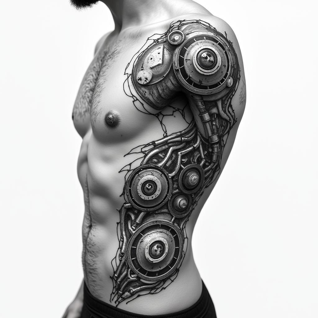 Make a bionic tattoo for my side rib areatattoo in biomechanic style, the tattoo covered by robotic elements of futuristic cyberpunk design, robotic features detail, showcasing intricate mechanical components - Variation 3