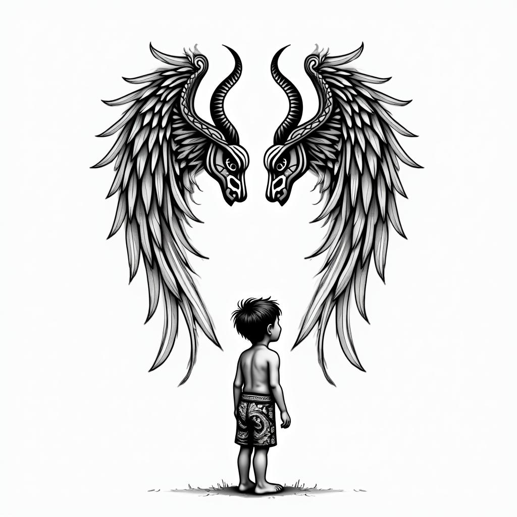 Angel holding broken horns looking down at a little boy. The little boy saying, " Are you proud of me now?"in tribal tattoo style, featuring bold and black geometric shapes, curved lines, intertwine and flow seamlessly, creating a powerful and symbolic design, polynesian and maori styles
