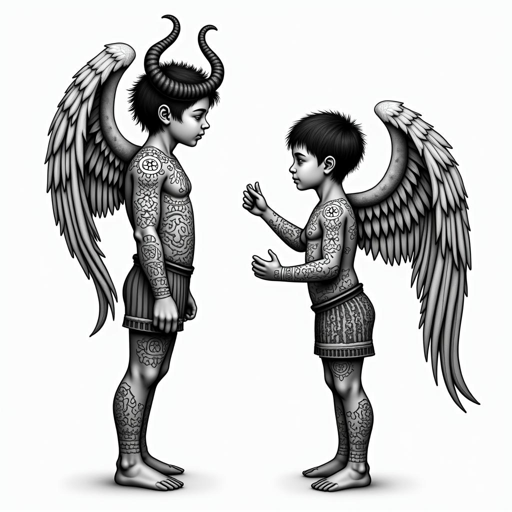 Angel holding broken horns looking down at a little boy. The little boy saying, " Are you proud of me now?"in tribal tattoo style, featuring bold and black geometric shapes, curved lines, intertwine and flow seamlessly, creating a powerful and symbolic design, polynesian and maori styles - Variation 2