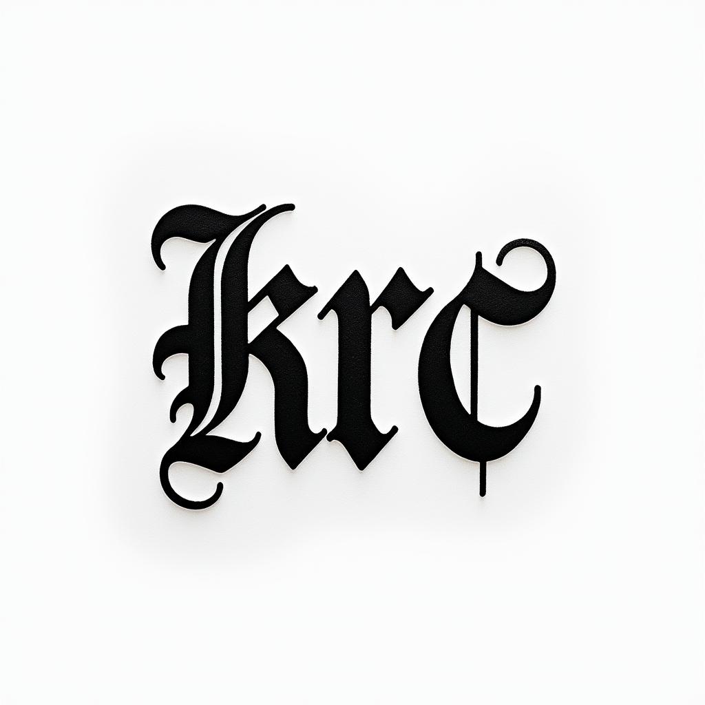 The letters krctext-based tattoo, gothic font ultra-realistic, perfectly placed, high-quality font design, photo-realistic shading, 8k, high quality, finely detailed typography