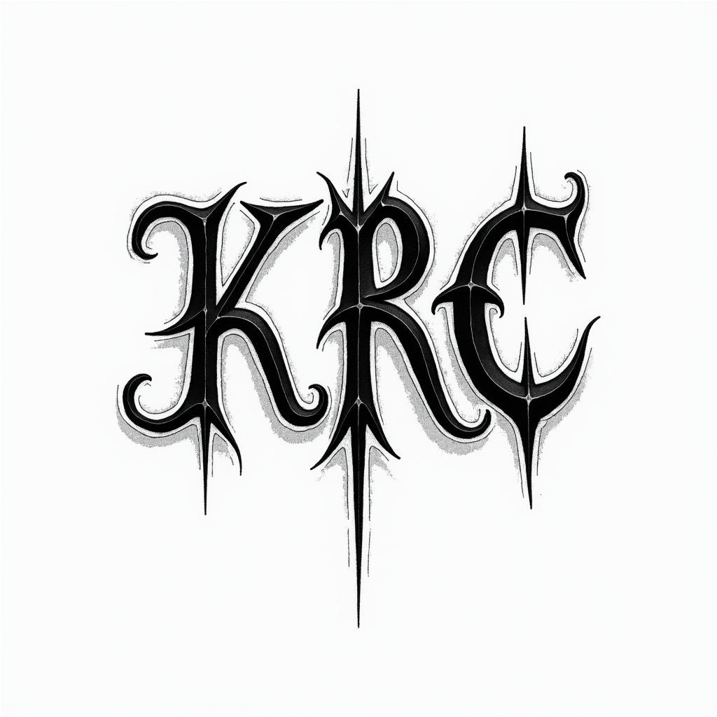 The letters krctext-based tattoo, gothic font ultra-realistic, perfectly placed, high-quality font design, photo-realistic shading, 8k, high quality, finely detailed typography - Variation 2