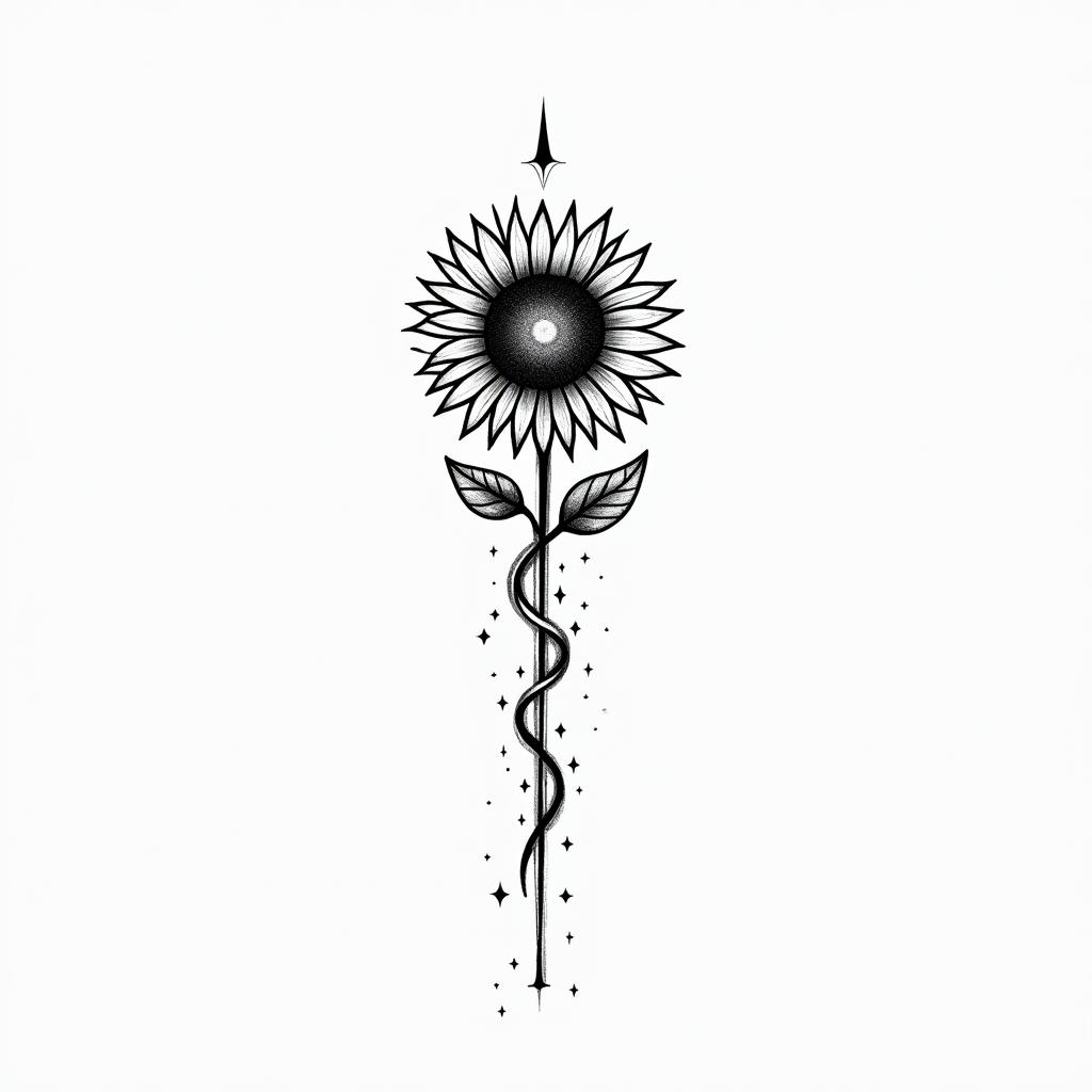 Sign of life sunflower wave medical caduceusin minimalist style tattoo, featuring simple shapes and fine lines, with minimal shading and details, tiny triangles, creating a sense of balance and harmony - Variation 2