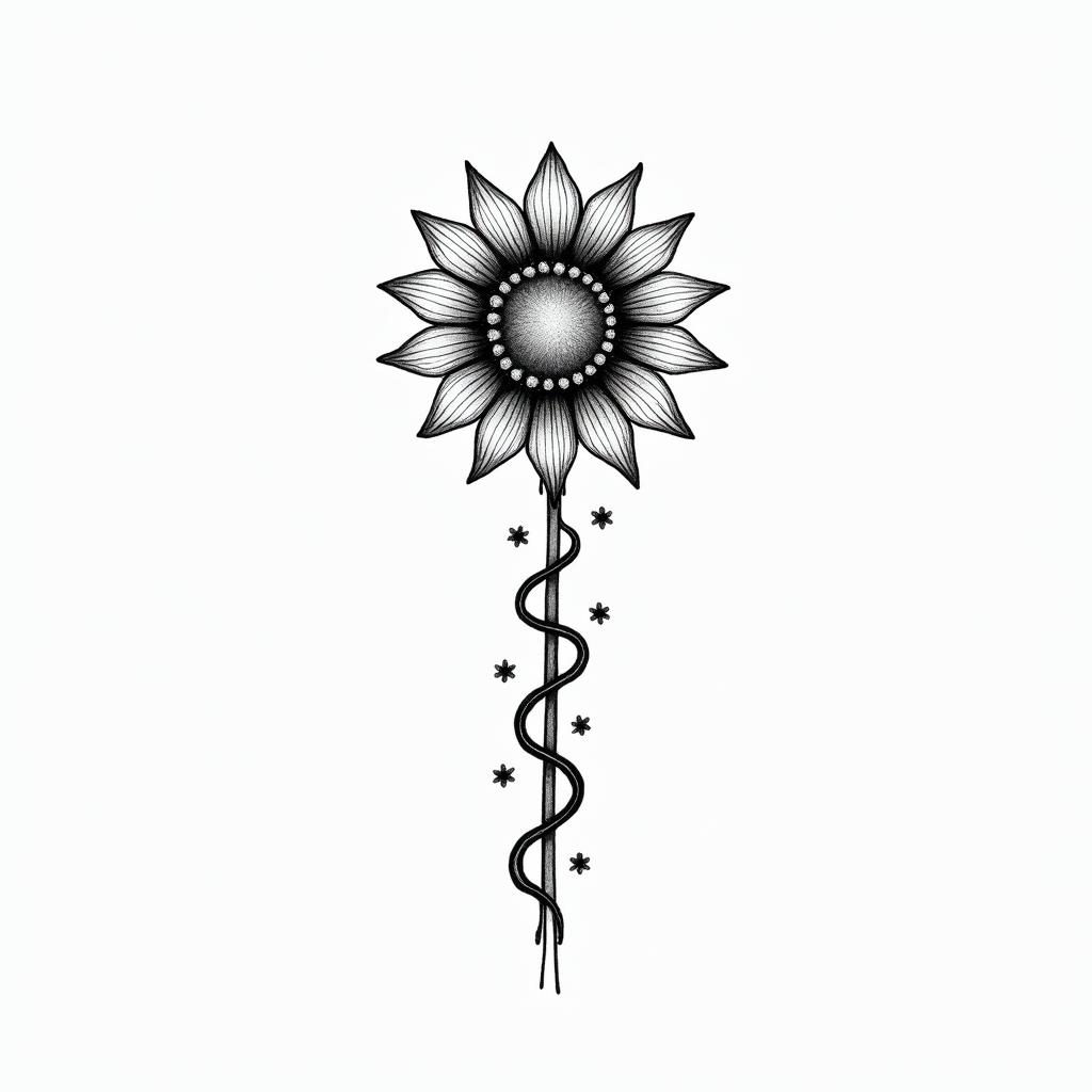 Sign of life sunflower wave medical caduceusin minimalist style tattoo, featuring simple shapes and fine lines, with minimal shading and details, tiny triangles, creating a sense of balance and harmony - Variation 3