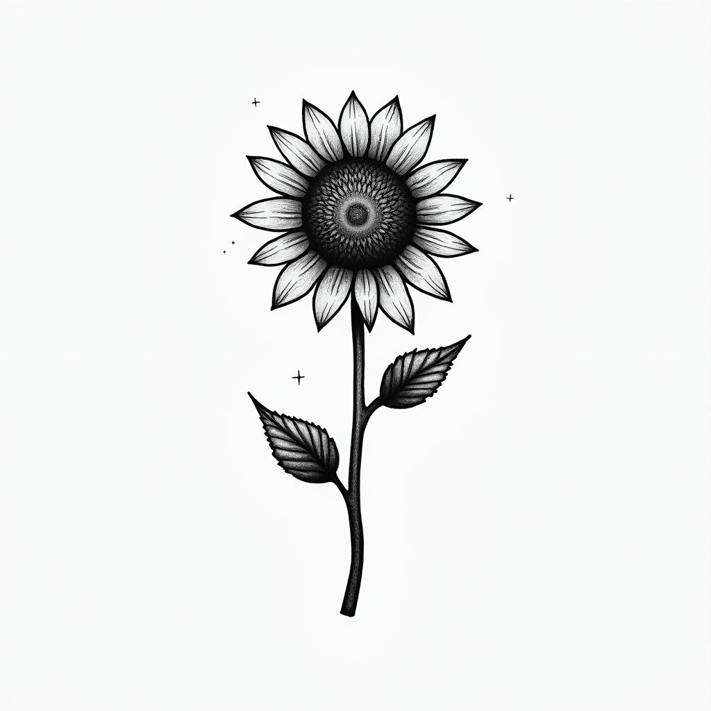 Sign of life sunflower wave medical caduceusin minimalist style tattoo, featuring simple shapes and fine lines, with minimal shading and details, tiny triangles, creating a sense of balance and harmony