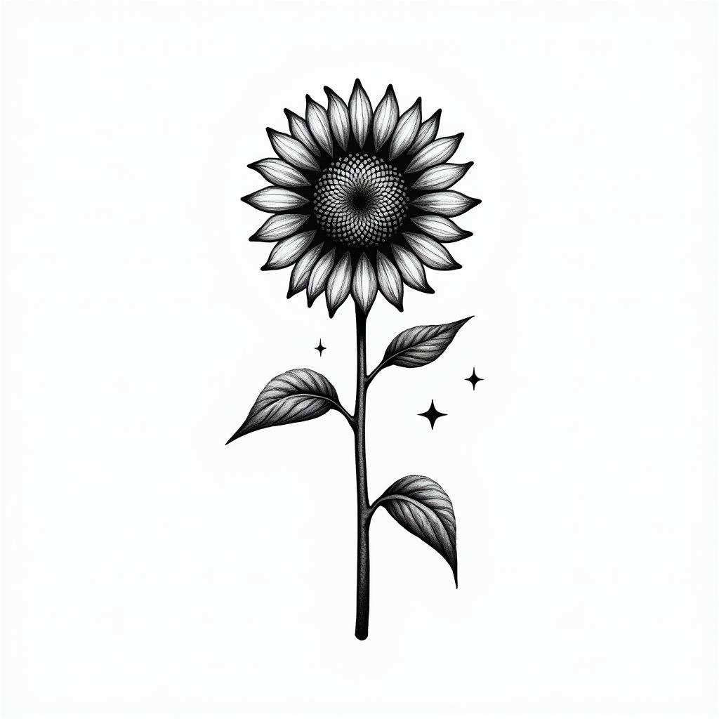 Sign of life sunflower wave medical caduceusin minimalist style tattoo, featuring simple shapes and fine lines, with minimal shading and details, tiny triangles, creating a sense of balance and harmony - Variation 4