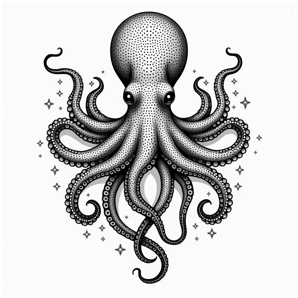 Feminine, cute octopusin dotwork style tattoo, complex mandala patterns, interlocking geometric shapes with sharp symmetry, clean lines, sharp angles - Variation 2