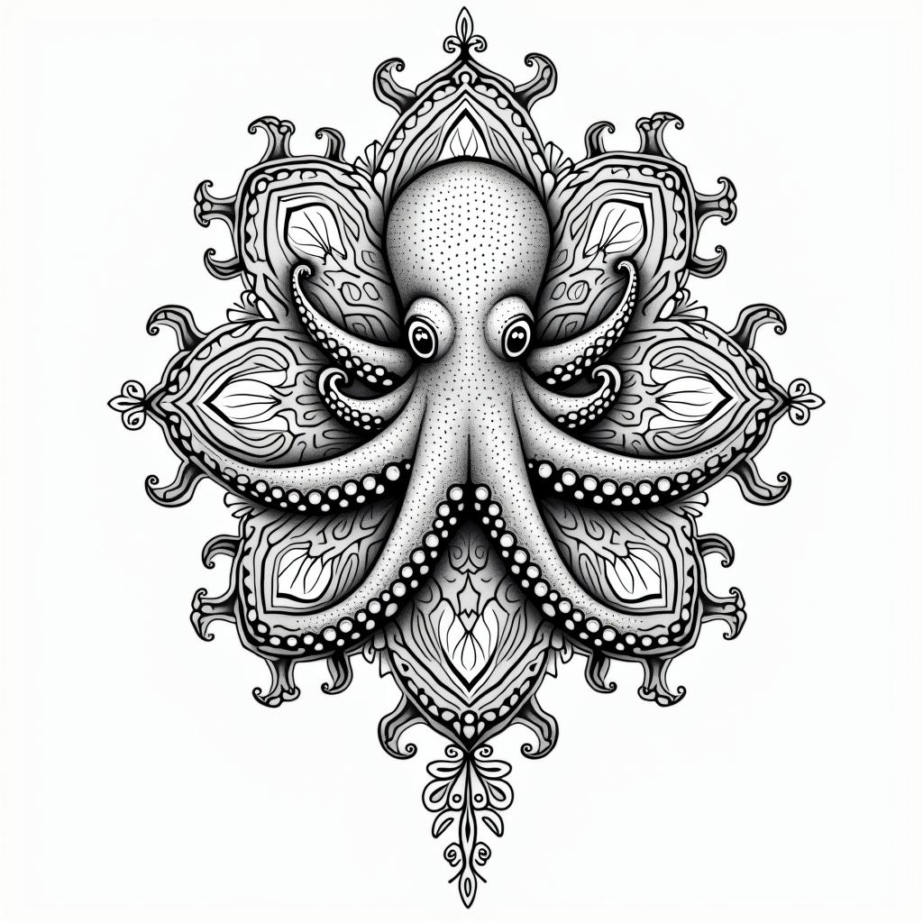 Feminine, cute octopusin dotwork style tattoo, complex mandala patterns, interlocking geometric shapes with sharp symmetry, clean lines, sharp angles