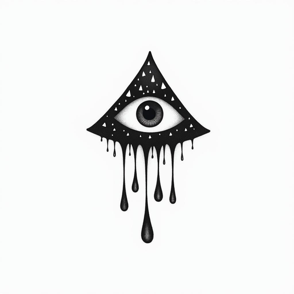 Trippy eye drippy mushroomsin minimalist style tattoo, featuring simple shapes and fine lines, with minimal shading and details, tiny triangles, creating a sense of balance and harmony