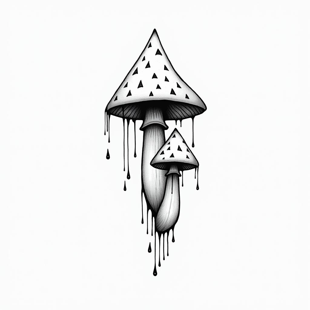 Trippy eye drippy mushroomsin minimalist style tattoo, featuring simple shapes and fine lines, with minimal shading and details, tiny triangles, creating a sense of balance and harmony - Variation 2