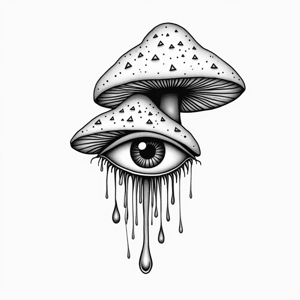 Trippy eye drippy mushroomsin minimalist style tattoo, featuring simple shapes and fine lines, with minimal shading and details, tiny triangles, creating a sense of balance and harmony - Variation 3
