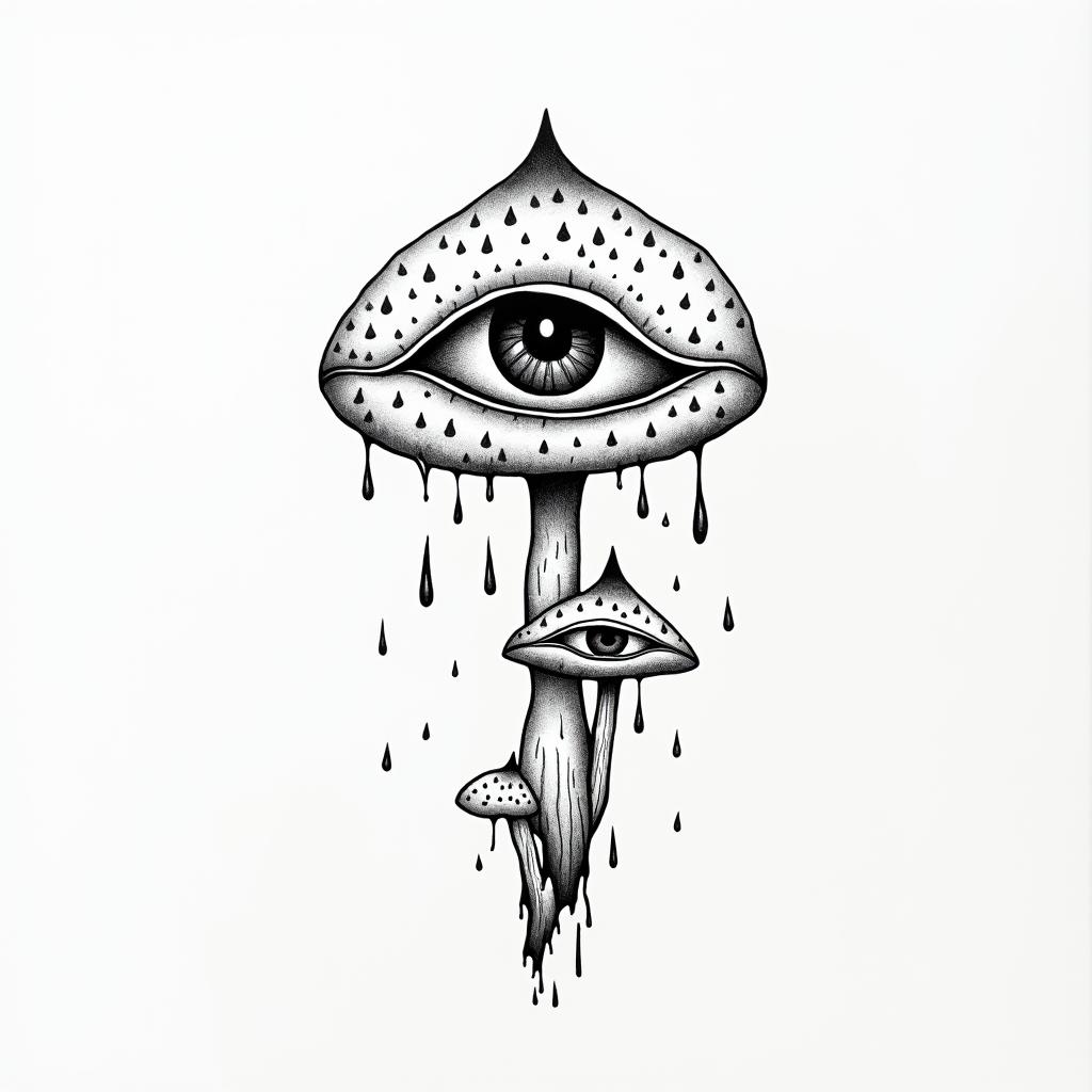 Trippy eye drippy mushroomsin minimalist style tattoo, featuring simple shapes and fine lines, with minimal shading and details, tiny triangles, creating a sense of balance and harmony - Variation 4