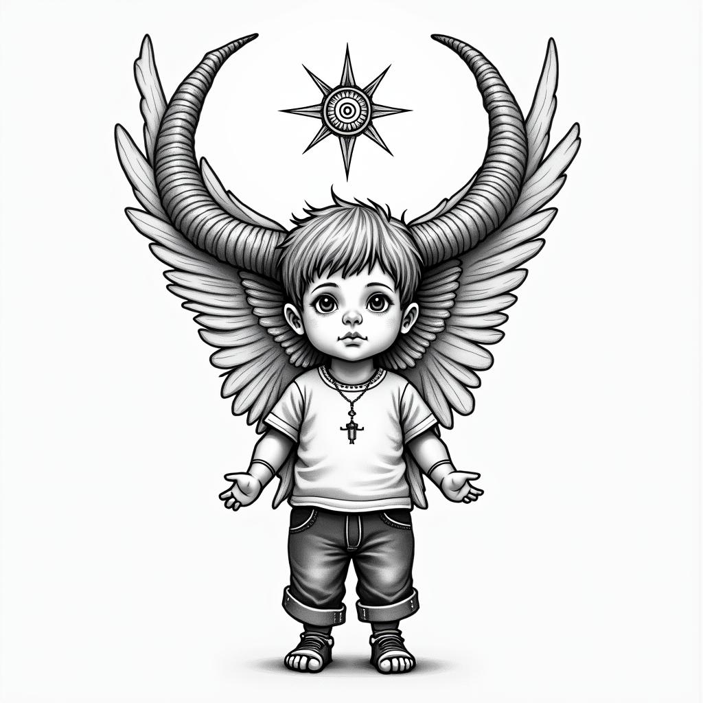 Little boy with broken horns holding the broken horns in his hands looking up at an Angel and saying, "Are you proud of me now mom?"in spiritual symbols tattoo style, featuring an intricate design incorporating elements, Hamsa hand, third eye, minimalist composition - Variation 4