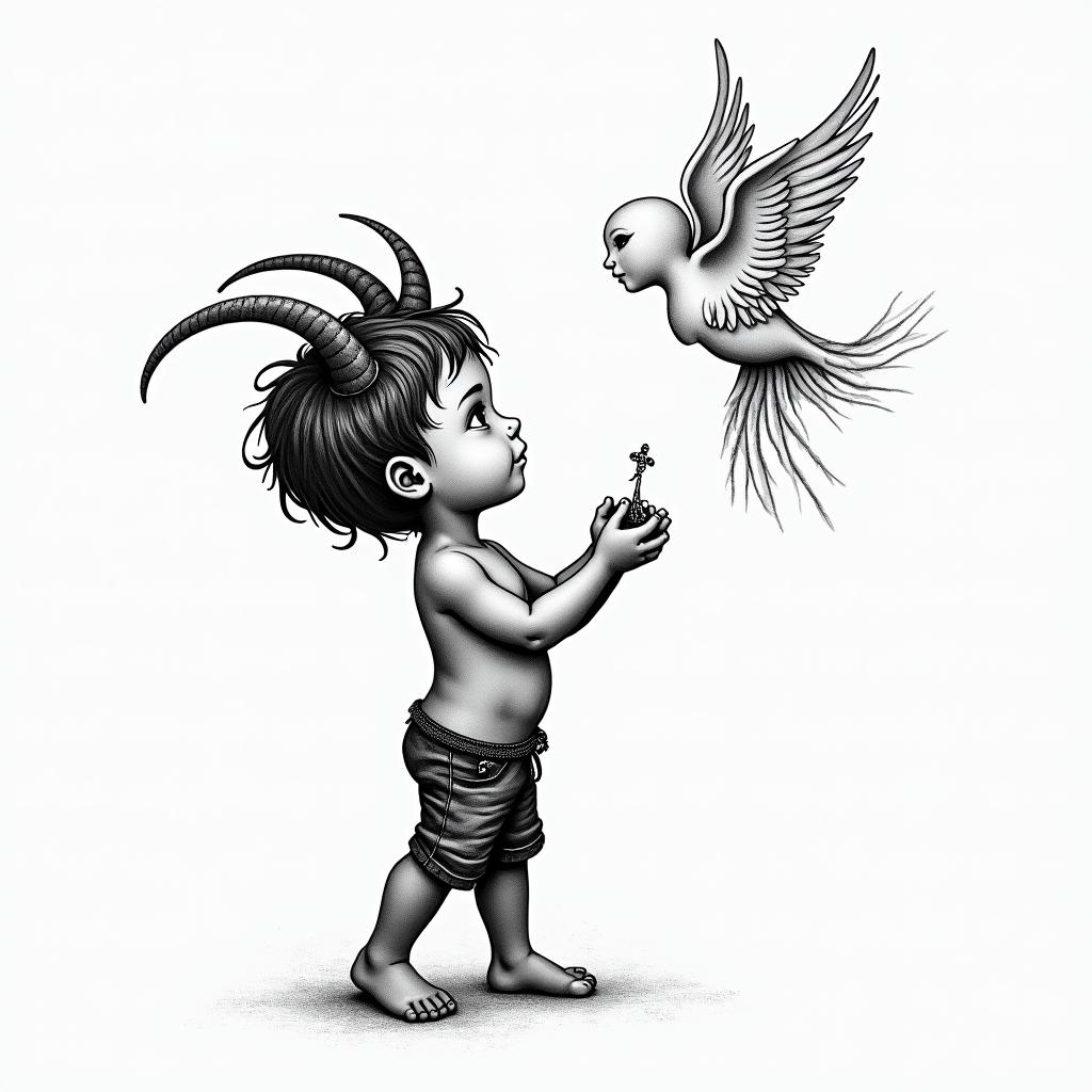 Little boy with broken horns holding the broken horns in his hands looking up at an Angel and saying, "Are you proud of me now mom?"in spiritual symbols tattoo style, featuring an intricate design incorporating elements, Hamsa hand, third eye, minimalist composition - Variation 2