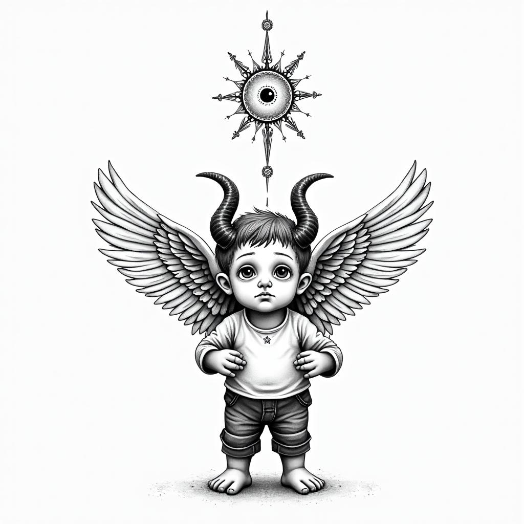 Little boy with broken horns holding the broken horns in his hands looking up at an Angel and saying, "Are you proud of me now mom?"in spiritual symbols tattoo style, featuring an intricate design incorporating elements, Hamsa hand, third eye, minimalist composition