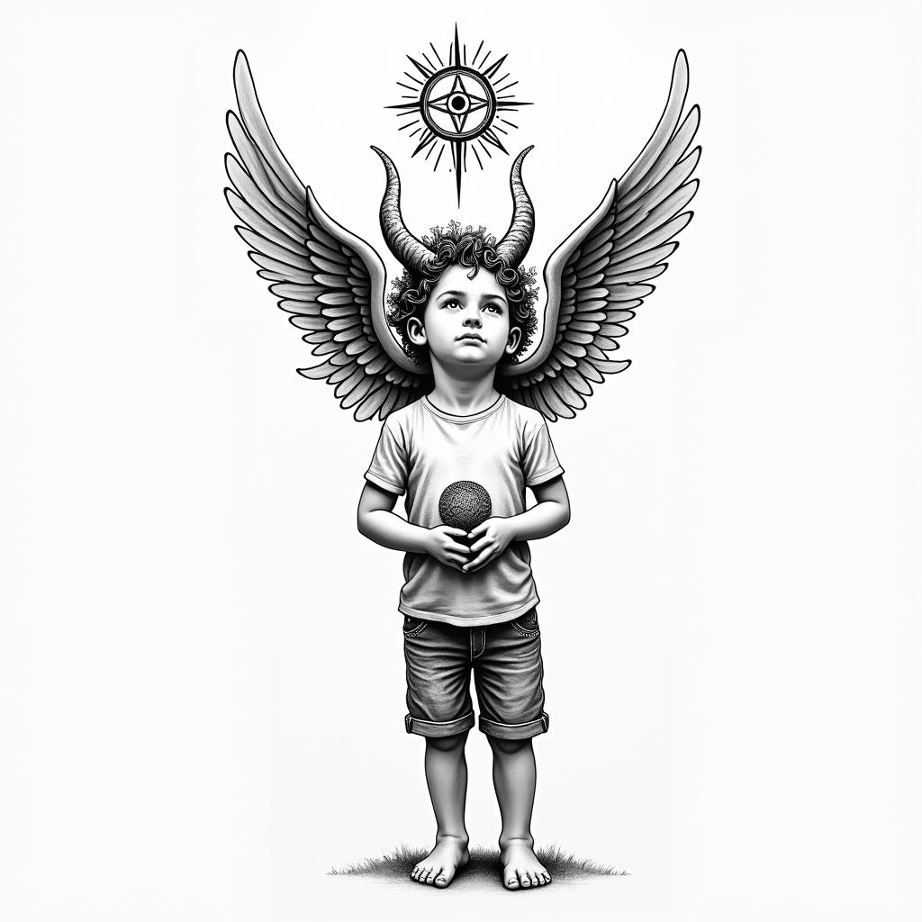 Little boy with broken horns holding the broken horns in his hands looking up at an Angel and saying, "Are you proud of me now mom?"in spiritual symbols tattoo style, featuring an intricate design incorporating elements, Hamsa hand, third eye, minimalist composition - Variation 3