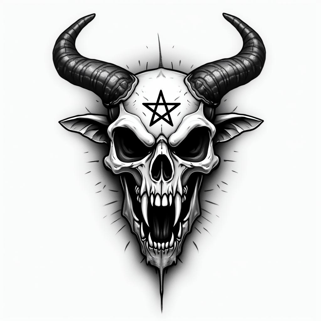 Tauruscreepy horror tattoo style, featuring an eerie and unsettling skull of a demonic creature, distorted face with sharp fangs, add pentagram symbol