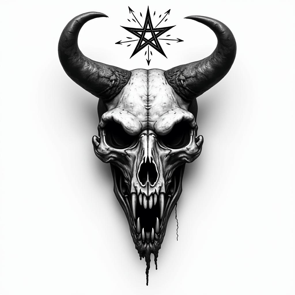 Tauruscreepy horror tattoo style, featuring an eerie and unsettling skull of a demonic creature, distorted face with sharp fangs, add pentagram symbol - Variation 2