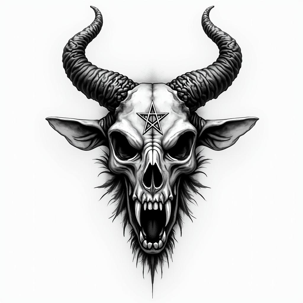 Tauruscreepy horror tattoo style, featuring an eerie and unsettling skull of a demonic creature, distorted face with sharp fangs, add pentagram symbol - Variation 4
