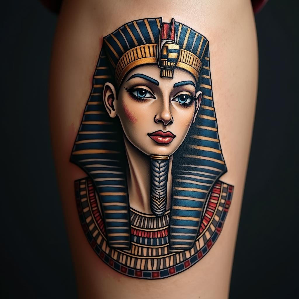 Archangel Michael and Raphael familyin egyptian style tattoo, bold elements of ancient egyptian culture including a portrait of an Egyptian pharaoh with detailed facial features, in hieroglyphs and symbolic imagery, eye of horus, ankh symbol, scarab beetle