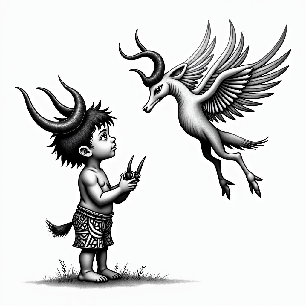 Little boy with broken horns holding the broken horns in his hands looking up at an Angel and saying, "Are you proud of me now mom?"in tribal tattoo style, featuring bold and black geometric shapes, curved lines, intertwine and flow seamlessly, creating a powerful and symbolic design, polynesian and maori styles - Variation 4