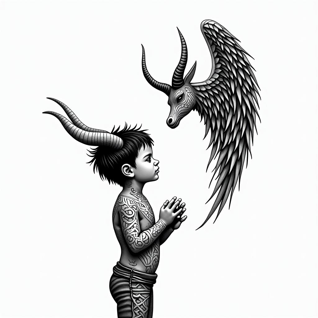 Little boy with broken horns holding the broken horns in his hands looking up at an Angel and saying, "Are you proud of me now mom?"in tribal tattoo style, featuring bold and black geometric shapes, curved lines, intertwine and flow seamlessly, creating a powerful and symbolic design, polynesian and maori styles