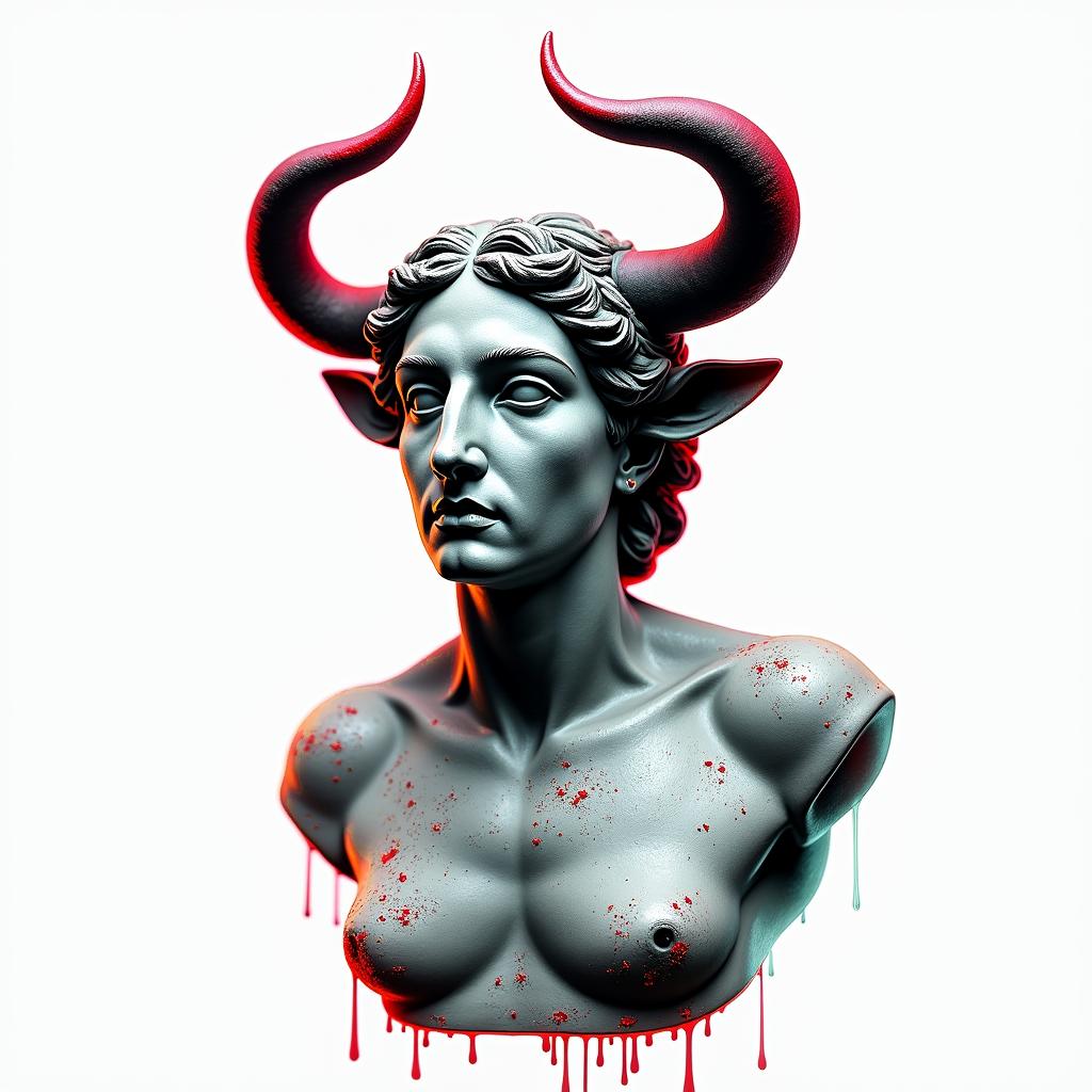 Taurusin distorted and fragmented tattoo design, featuring a classical statue bust, in a glitch art style with vibrant, overlapping colors of cyan, magenta, and yellow, creating a digital distortion effect - Variation 3