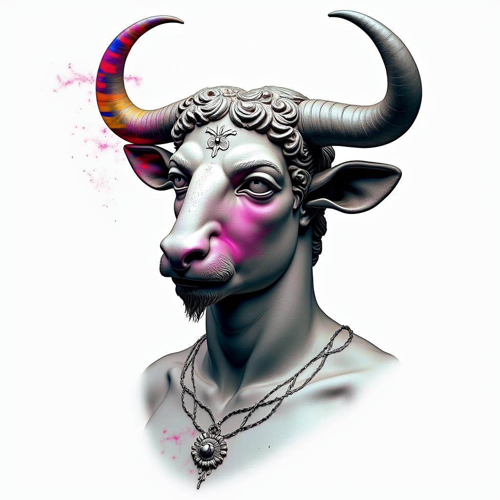 Taurusin distorted and fragmented tattoo design, featuring a classical statue bust, in a glitch art style with vibrant, overlapping colors of cyan, magenta, and yellow, creating a digital distortion effect - Variation 2