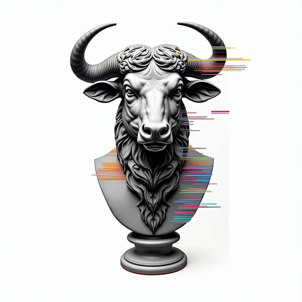 Taurusin distorted and fragmented tattoo design, featuring a classical statue bust, in a glitch art style with vibrant, overlapping colors of cyan, magenta, and yellow, creating a digital distortion effect
