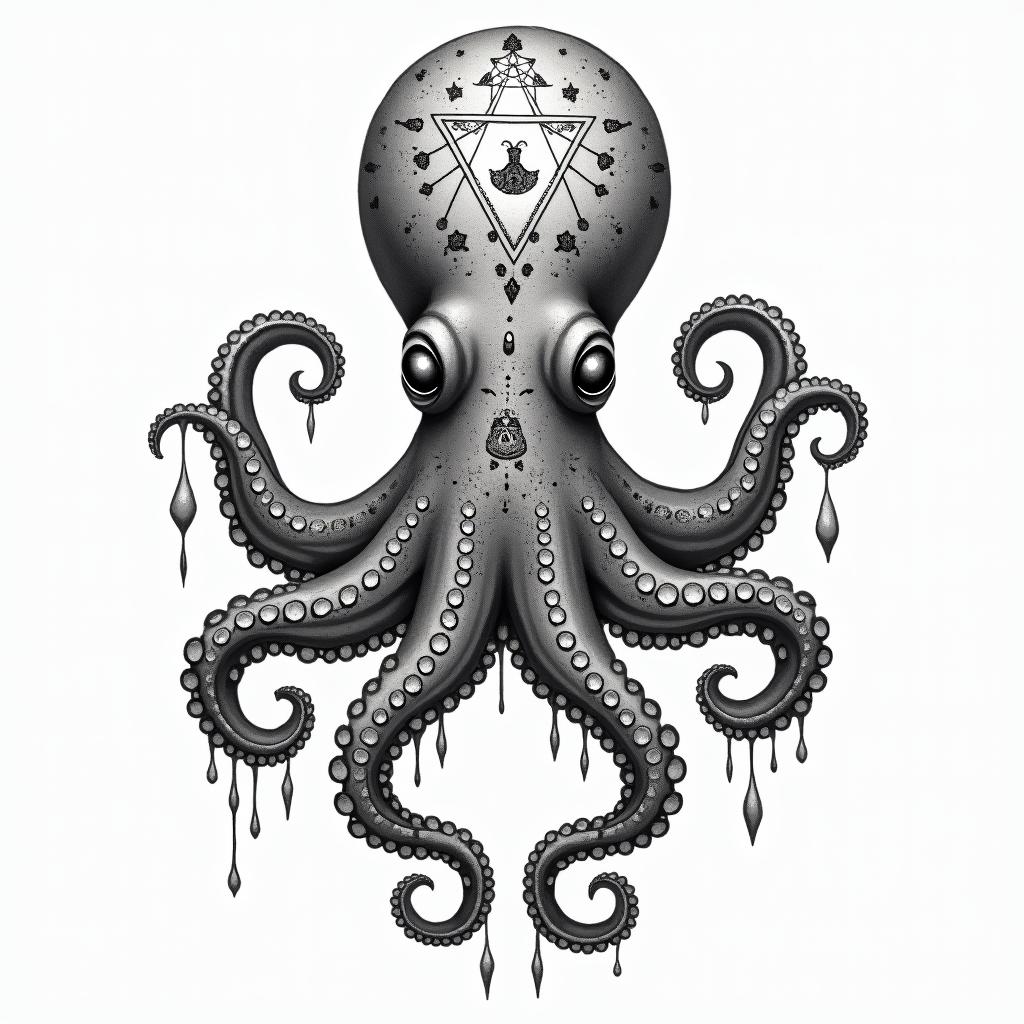 Feminine, cute octopusin paganic style tattoo, featuring ancient symbols, add vegvisir symbol, mystical figures, incorporating designs, pentagrams, runes, crescent moons,