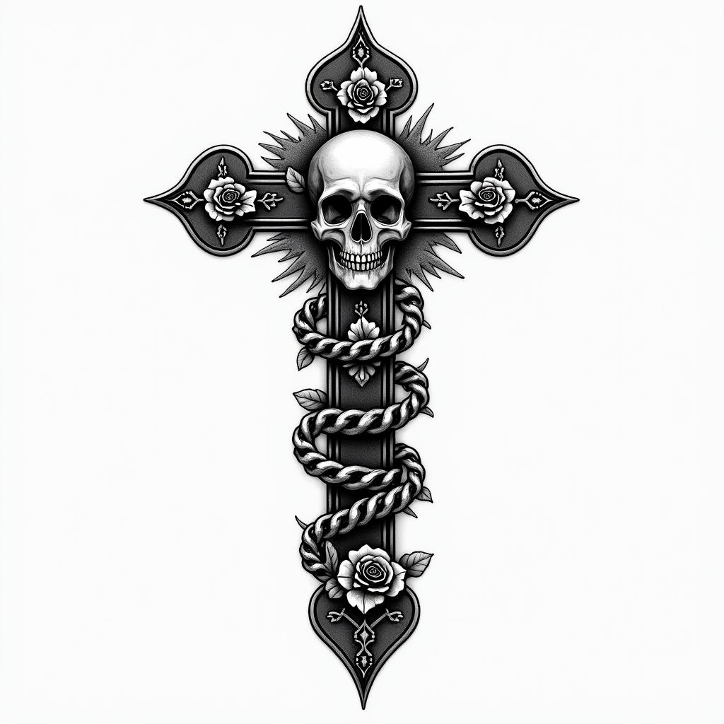 Collectif 40in chicano style tattoo, featuring intricate black and grey shading, bold elements of traditional chicano culture symbols, add a big cross with skull, chains and roses - Variation 5
