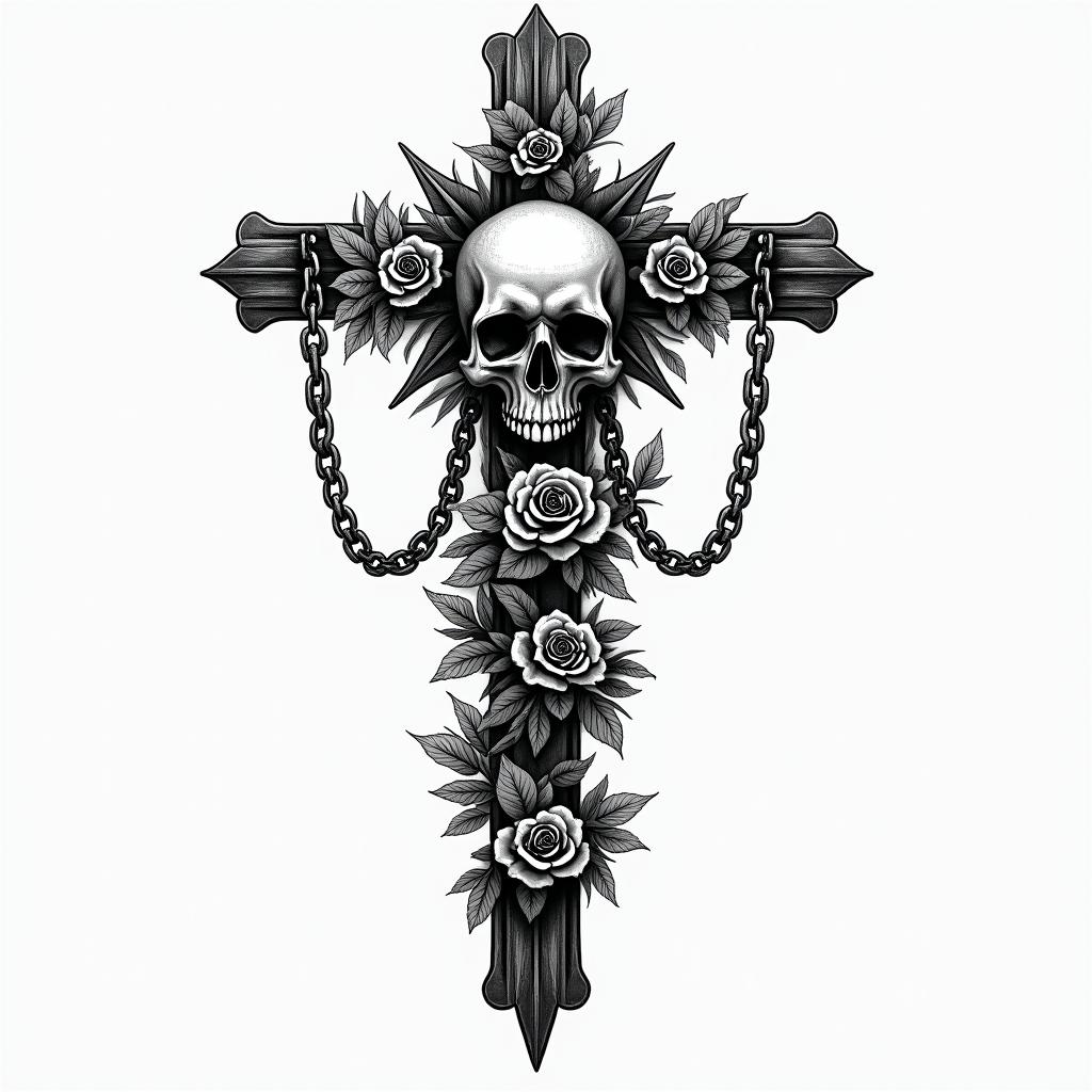 Collectif 40in chicano style tattoo, featuring intricate black and grey shading, bold elements of traditional chicano culture symbols, add a big cross with skull, chains and roses - Variation 7