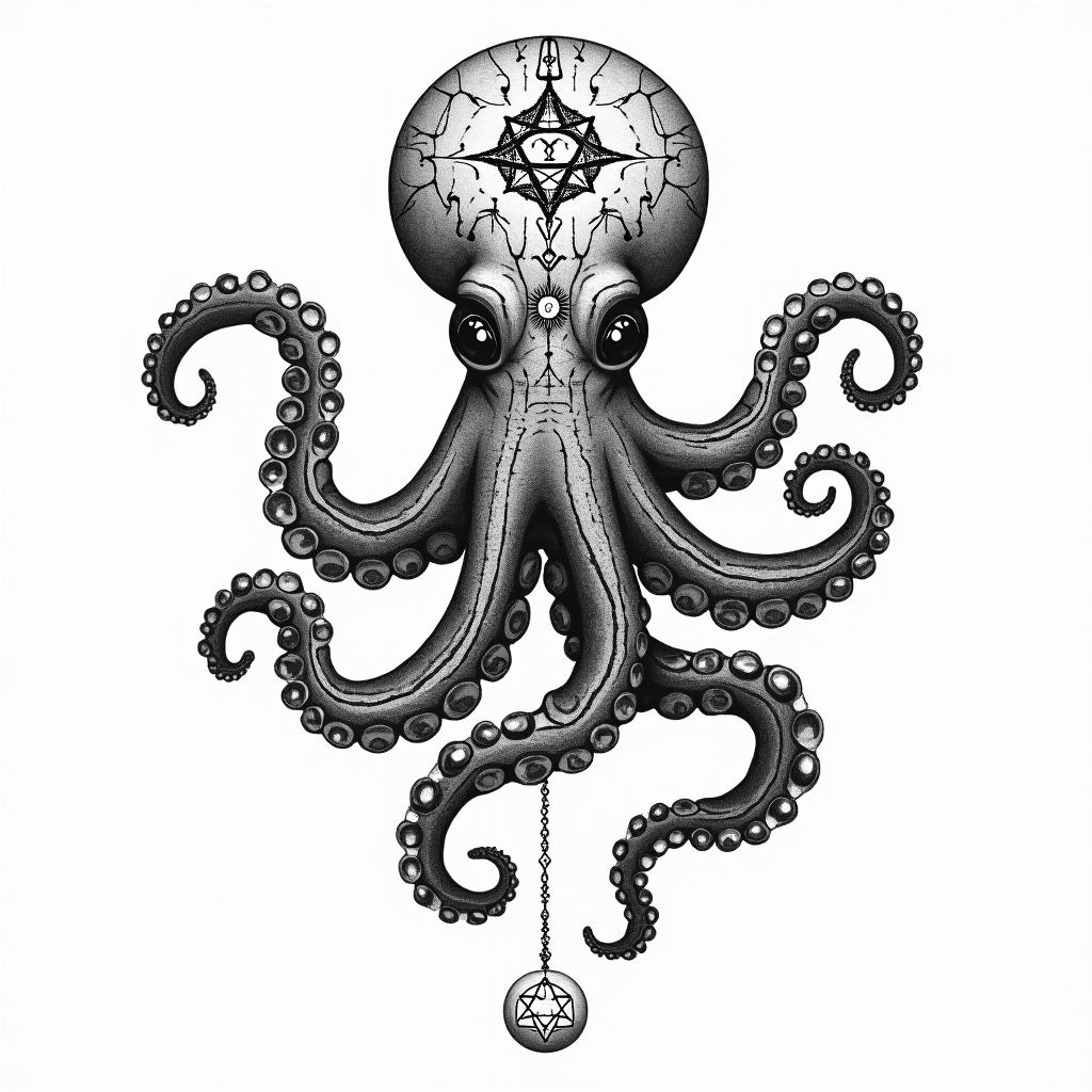 Feminine, cute octopusin paganic style tattoo, featuring ancient symbols, add vegvisir symbol, mystical figures, incorporating designs, pentagrams, runes, crescent moons, - Variation 4