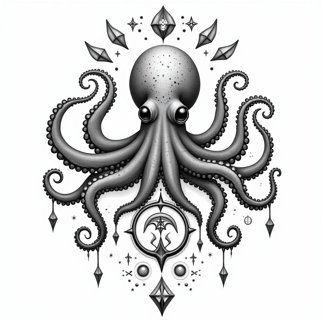 Feminine, cute octopusin paganic style tattoo, featuring ancient symbols, add vegvisir symbol, mystical figures, incorporating designs, pentagrams, runes, crescent moons, - Variation 3