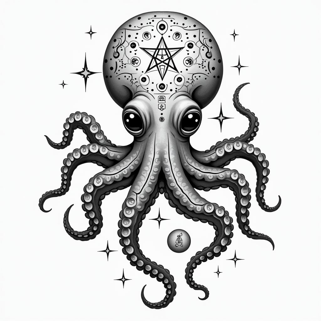 Feminine, cute octopusin paganic style tattoo, featuring ancient symbols, add vegvisir symbol, mystical figures, incorporating designs, pentagrams, runes, crescent moons, - Variation 6