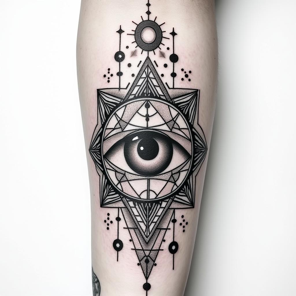 Tattoo for arm with geometry pattern and Cali vibesin prophecy tattoo style, featuring mystical symbols, celestial imagery like stars, moons, suns, geometric patterns, foretelling elements, an eye of wisdom - Variation 4