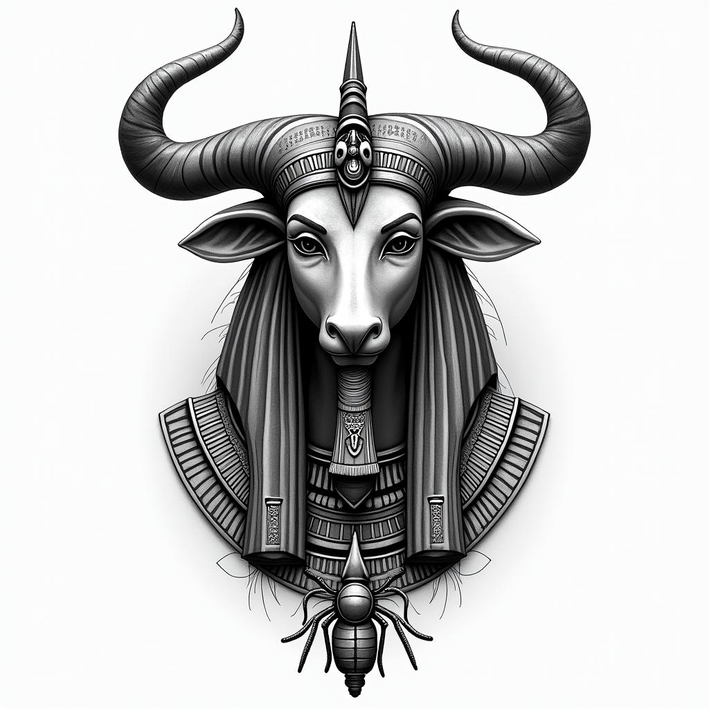 Taurusin egyptian style tattoo, bold elements of ancient egyptian culture including a portrait of an Egyptian pharaoh with detailed facial features, in hieroglyphs and symbolic imagery, eye of horus, ankh symbol, scarab beetle - Variation 3