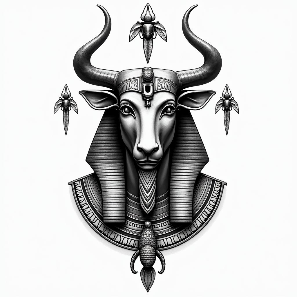 Taurusin egyptian style tattoo, bold elements of ancient egyptian culture including a portrait of an Egyptian pharaoh with detailed facial features, in hieroglyphs and symbolic imagery, eye of horus, ankh symbol, scarab beetle - Variation 2