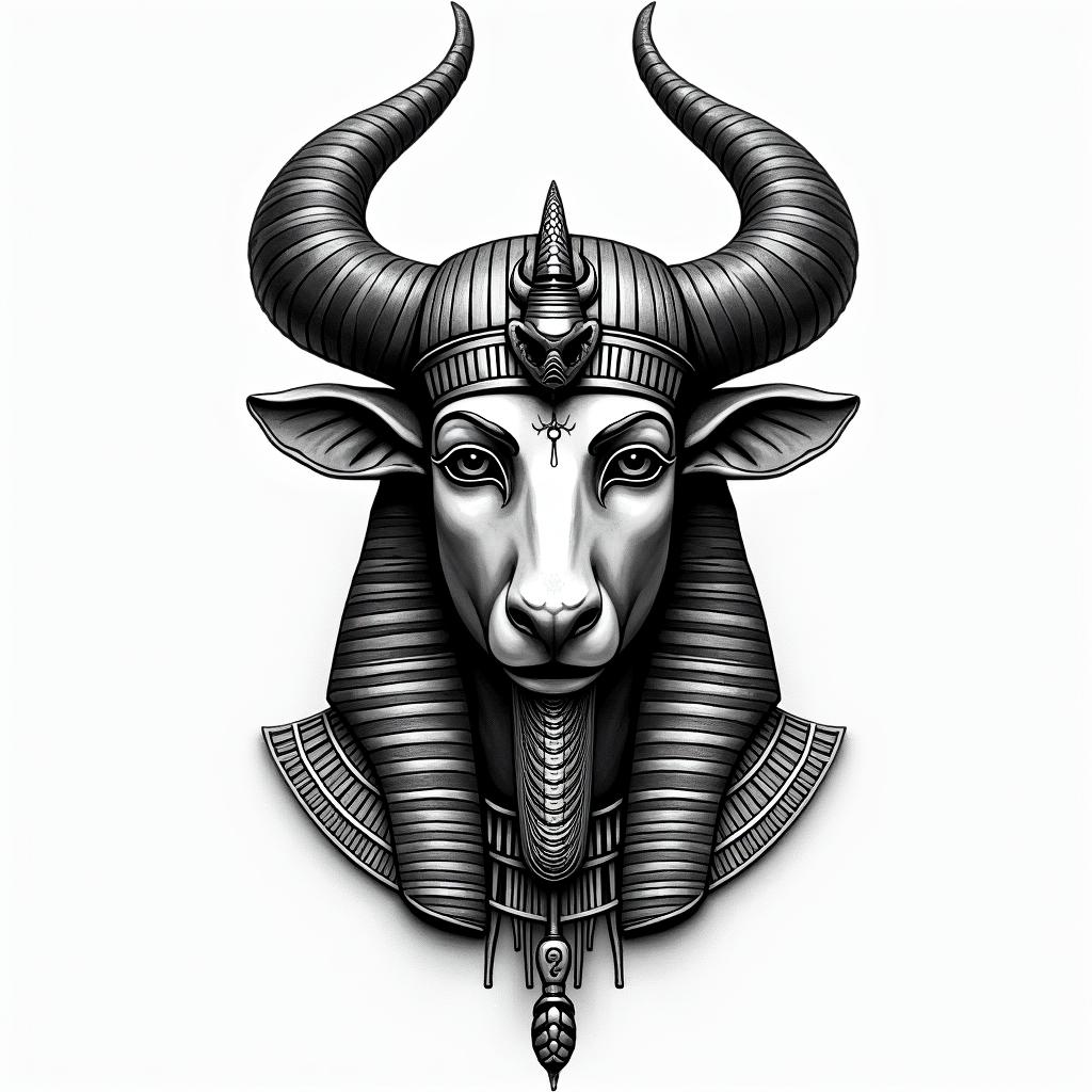 Taurusin egyptian style tattoo, bold elements of ancient egyptian culture including a portrait of an Egyptian pharaoh with detailed facial features, in hieroglyphs and symbolic imagery, eye of horus, ankh symbol, scarab beetle