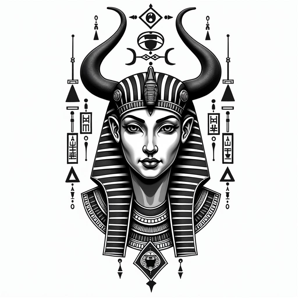 Taurusin egyptian style tattoo, bold elements of ancient egyptian culture including a portrait of an Egyptian pharaoh with detailed facial features, in hieroglyphs and symbolic imagery, eye of horus, ankh symbol, scarab beetle - Variation 4