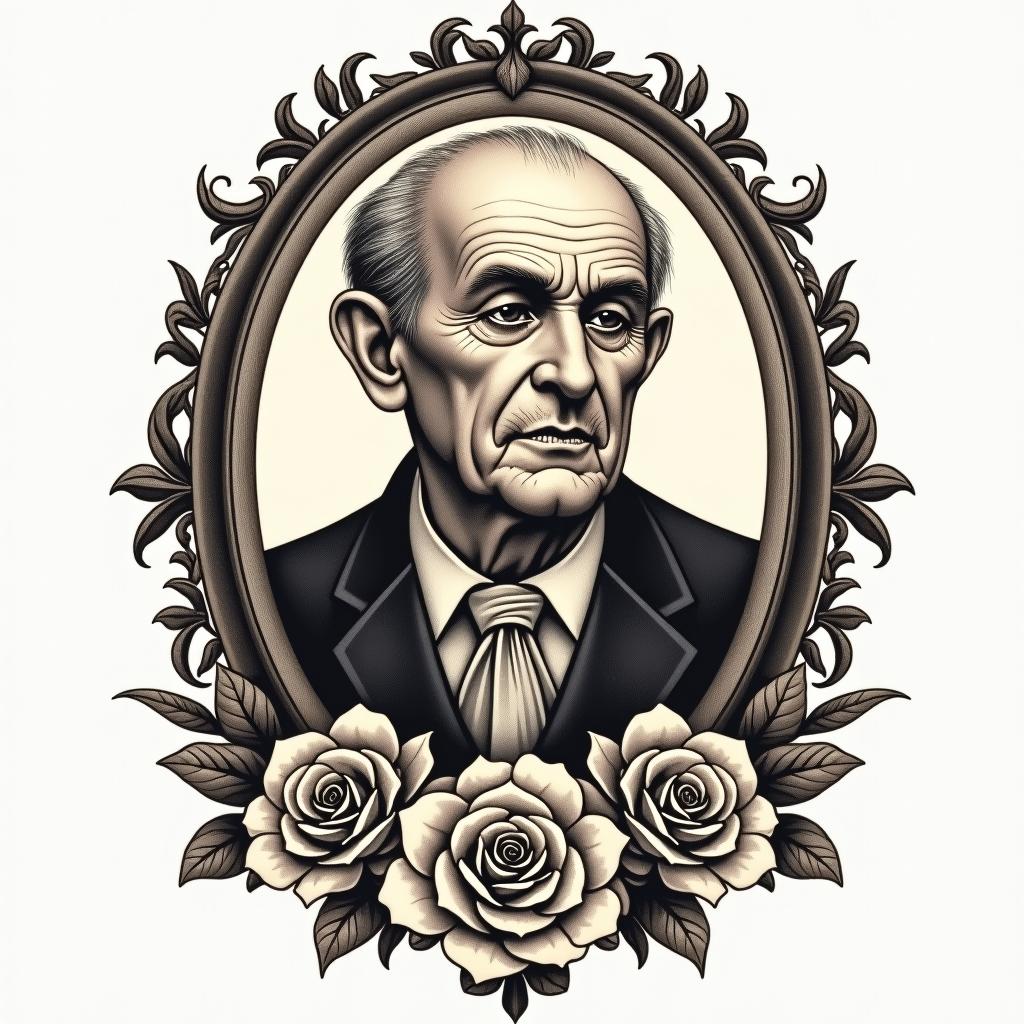 To honor my grandpa that was a carpenterin victorian style tattoo, featuring vintage and elegant elements, ornate frames, roses, antique, sepia-toned color scheme - Variation 4