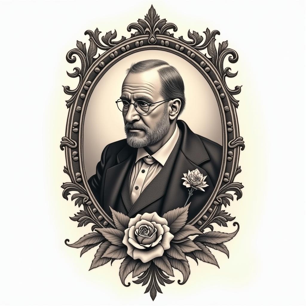 To honor my grandpa that was a carpenterin victorian style tattoo, featuring vintage and elegant elements, ornate frames, roses, antique, sepia-toned color scheme - Variation 3