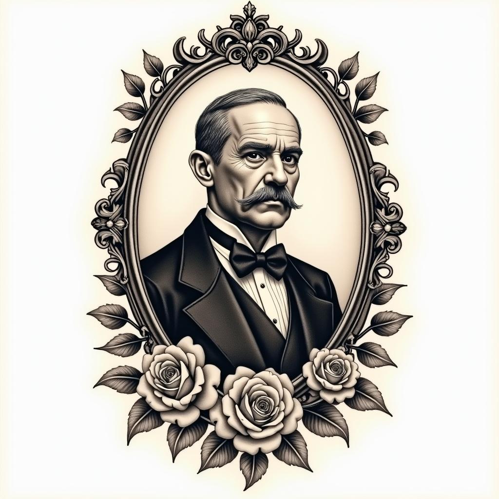 To honor my grandpa that was a carpenterin victorian style tattoo, featuring vintage and elegant elements, ornate frames, roses, antique, sepia-toned color scheme