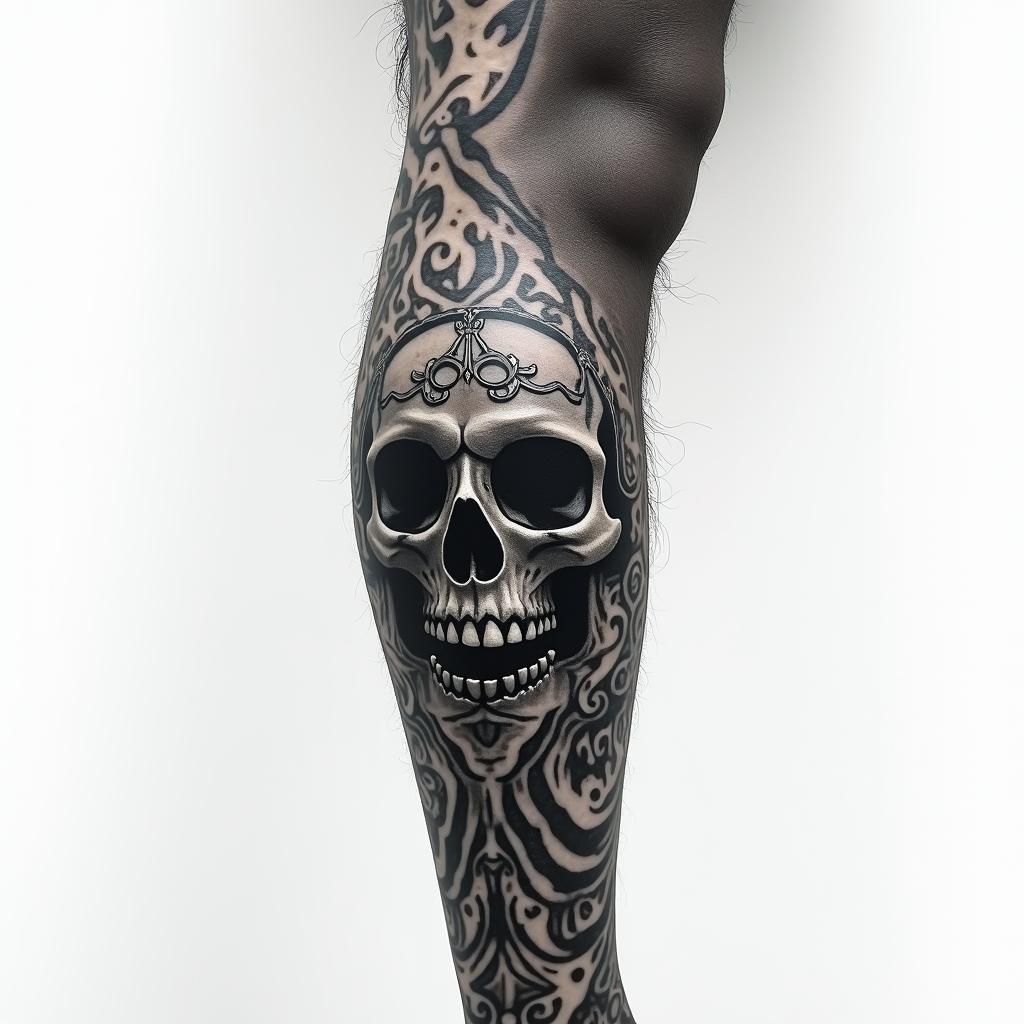 T okay, now go okay for my right leg. I want to have a full sleeve, black and Gray realistic prohibitions, steam style, one piece all flowed together. All done it, one's realistic. It's fuck, uh, moonshine, yeah, moonshining prohibition, the top of my leg up on my butt. Cheek, I want it to be like when it's illegal. And then throughout it's gonna be when it's, they're running the moonshine shit and then my foot's gonna be like, oh beer's back, but I want it to be black and gray and super fucking good and uh, these actual photos from that time era and yeah, figure that in portrait tattoo style, featuring a highly realistic and detailed depiction  - Variation 3