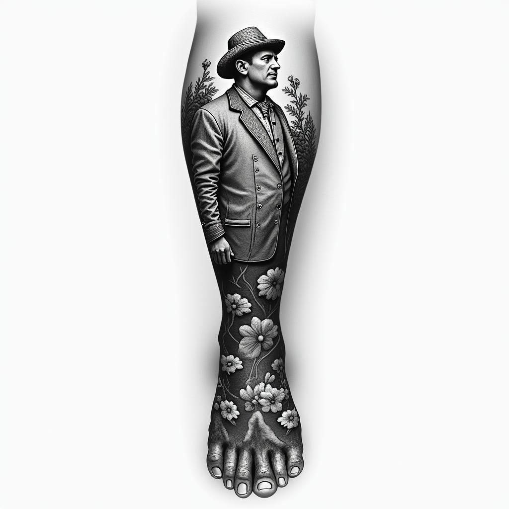 T okay, now go okay for my right leg. I want to have a full sleeve, black and Gray realistic prohibitions, steam style, one piece all flowed together. All done it, one's realistic. It's fuck, uh, moonshine, yeah, moonshining prohibition, the top of my leg up on my butt. Cheek, I want it to be like when it's illegal. And then throughout it's gonna be when it's, they're running the moonshine shit and then my foot's gonna be like, oh beer's back, but I want it to be black and gray and super fucking good and uh, these actual photos from that time era and yeah, figure that in portrait tattoo style, featuring a highly realistic and detailed depiction  - Variation 2